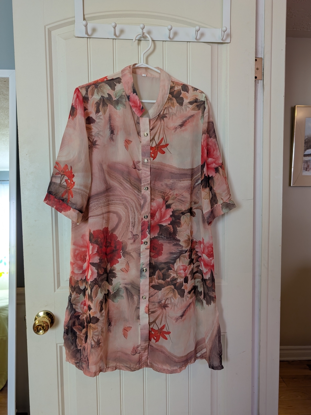 Sheer Floral Button-Front Tunic in Pink Floral